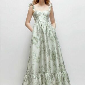 Dessy Elegant Sage Green Floral satin Corset Maxi Dress with Ruffle Straps NWT
